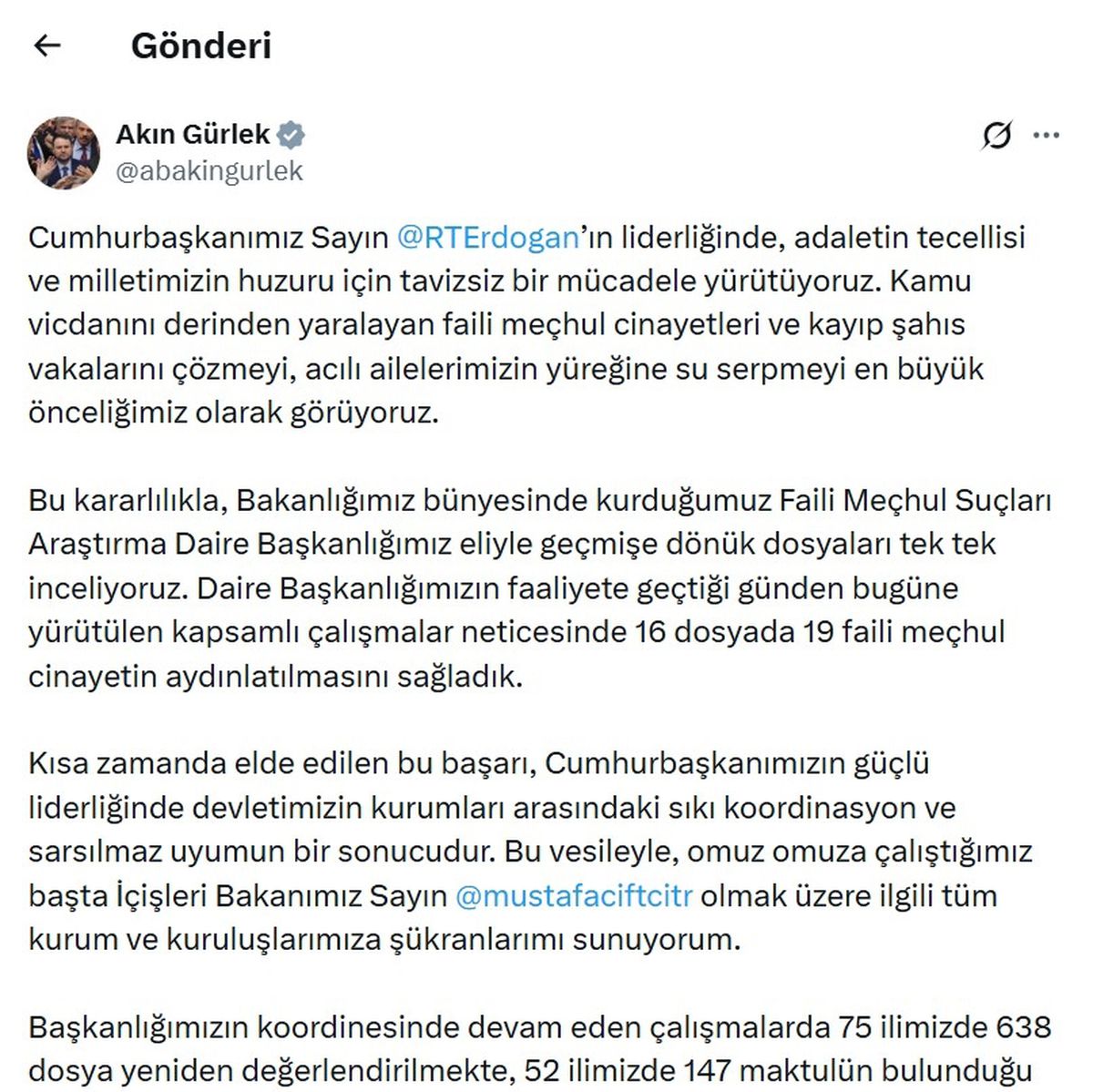 Adalet Bakanı Gürlek: 16 dosyada 19 faili meçhul cinayet aydınlatıldı