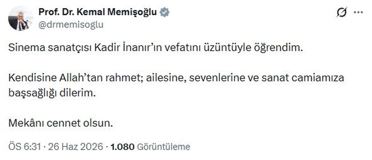 Bakan Memişoğlu'ndan Kadir İnanır için başsağlığı mesajı