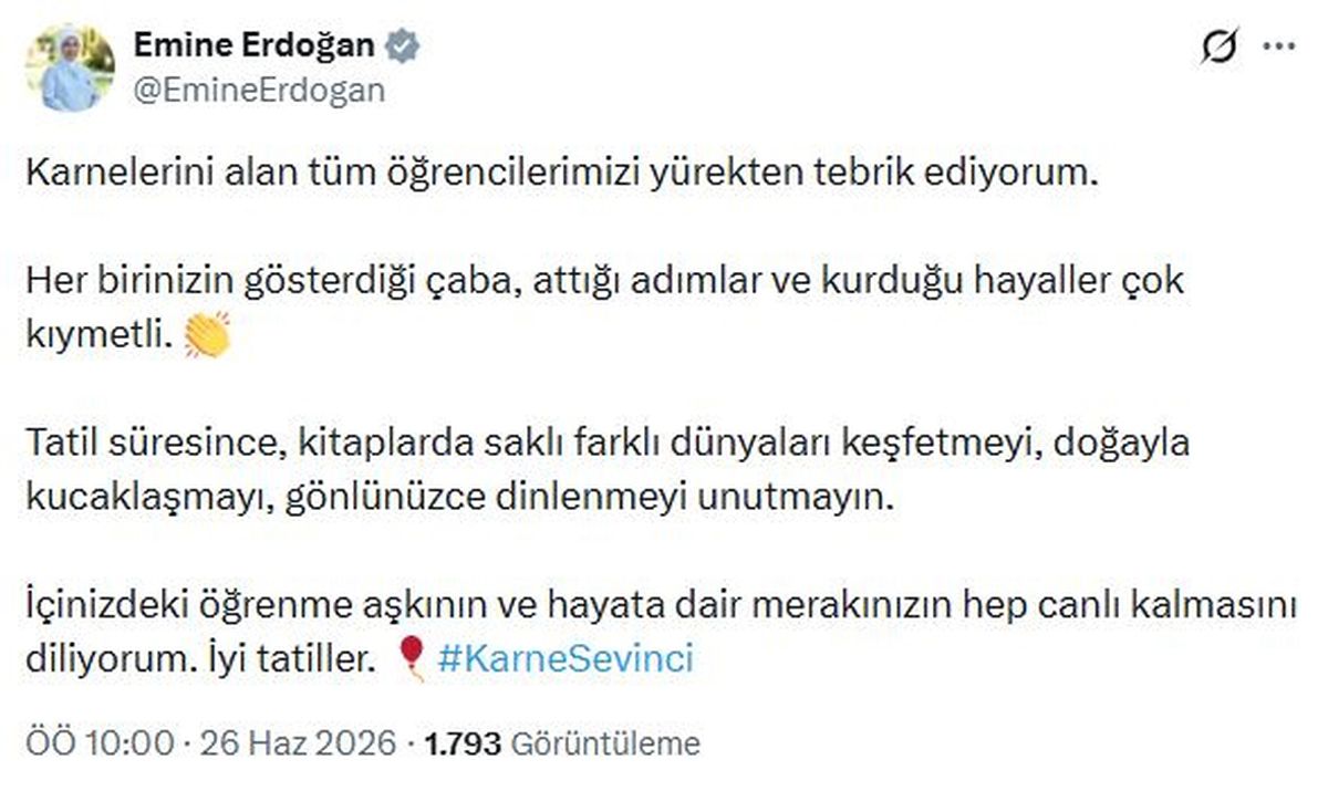 Emine Erdoğan'dan öğrencilere karne sonrası tatil mesajı
