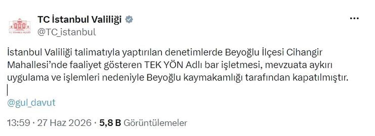 Beyoğlu'nda bir bar işletmesi kapatıldı
