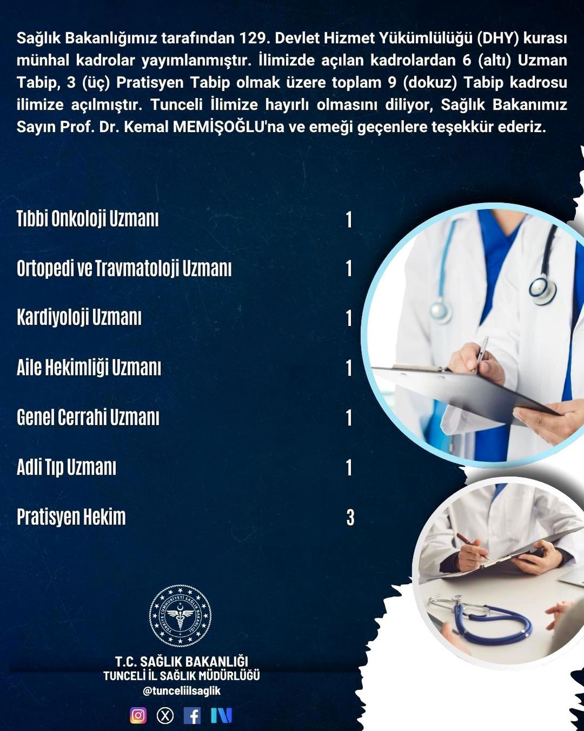 Tunceli'ye atanan yeni hekim kadroları hakkında açıklama