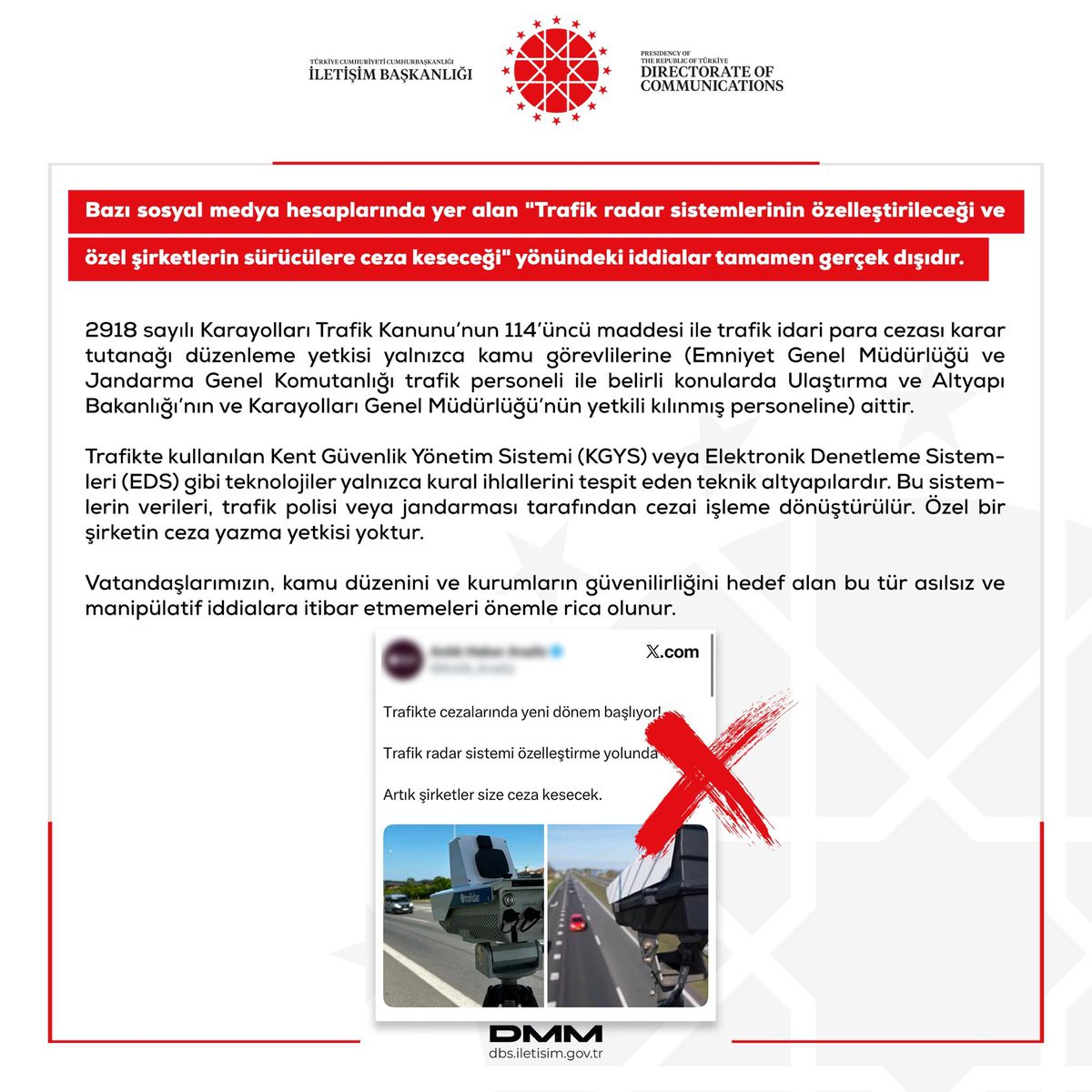 Dezenformasyonla Mücadele Merkezi logosu ve trafik radar tabelası görseli