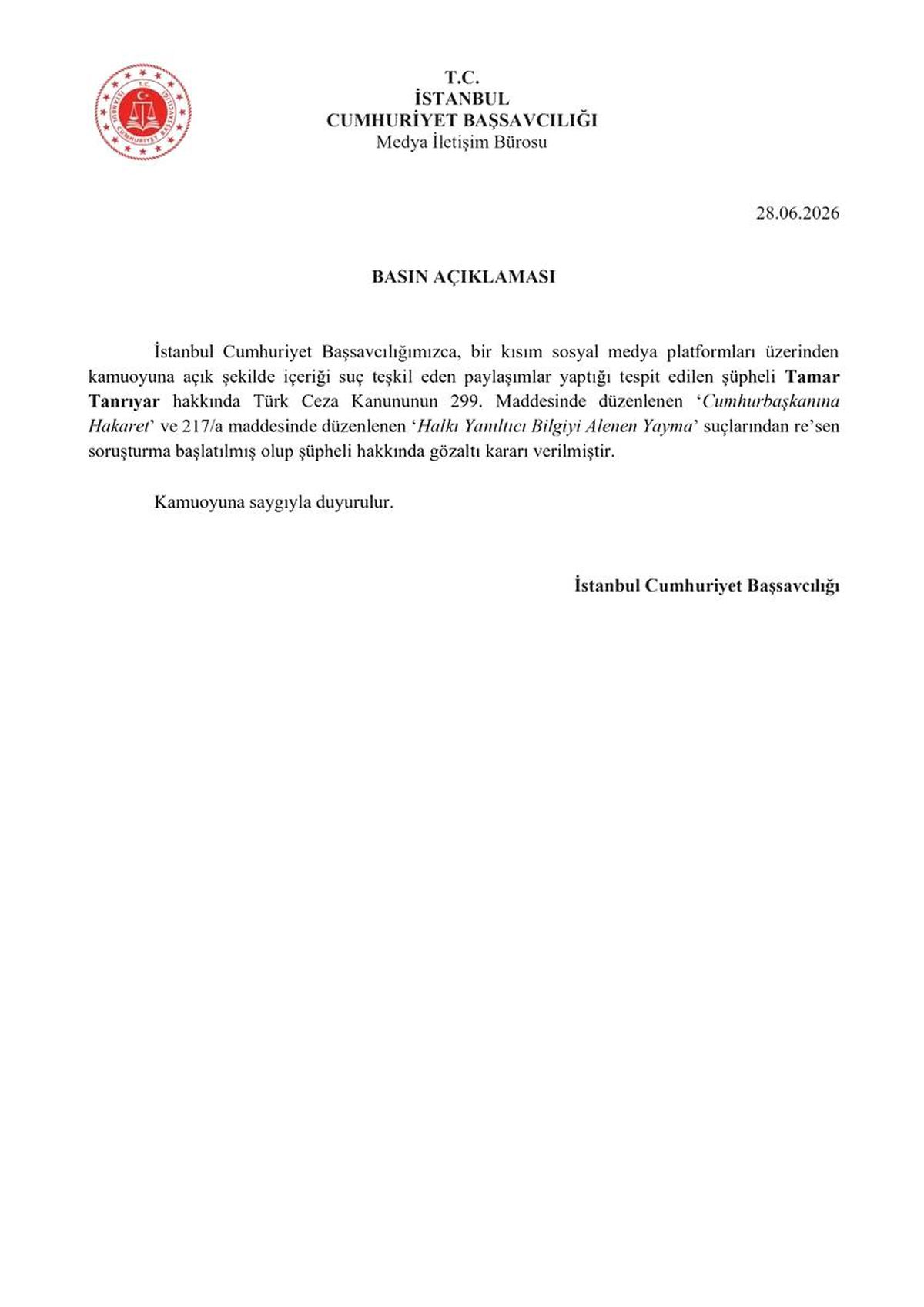 Tamar Tanrıyar hakkında soruşturma ve gözaltı kararı.
