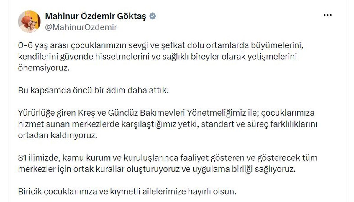 Bakan Göktaş'tan kreş ve gündüz bakımevlerine yönelik yeni düzenlemeye ilişkin paylaşım