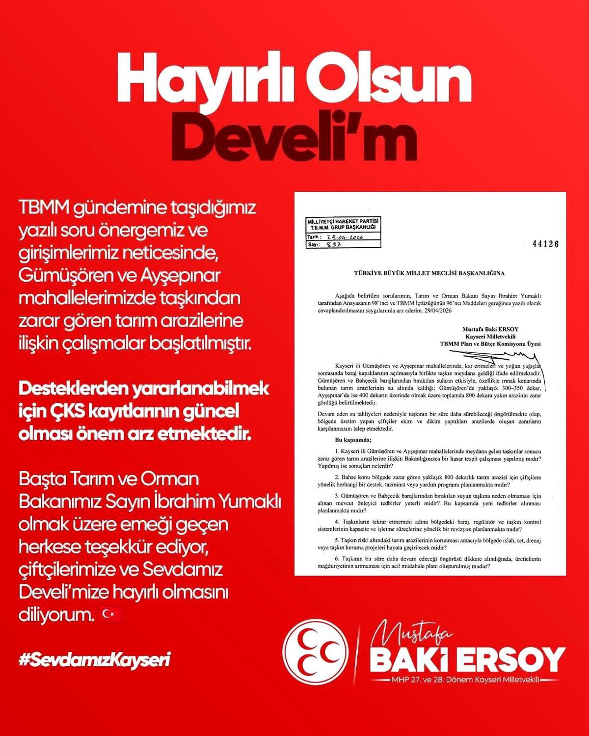 Develi'nin Taşkın Zararları İçin Çalışma Başlatıldı