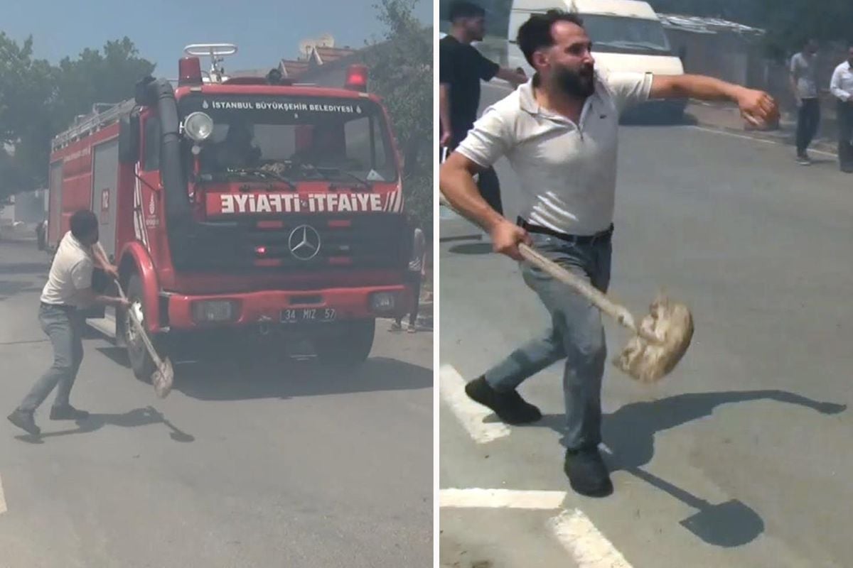 Silivri'de yangın ihbarına giden itfaiye ekibine kürek fırlattı