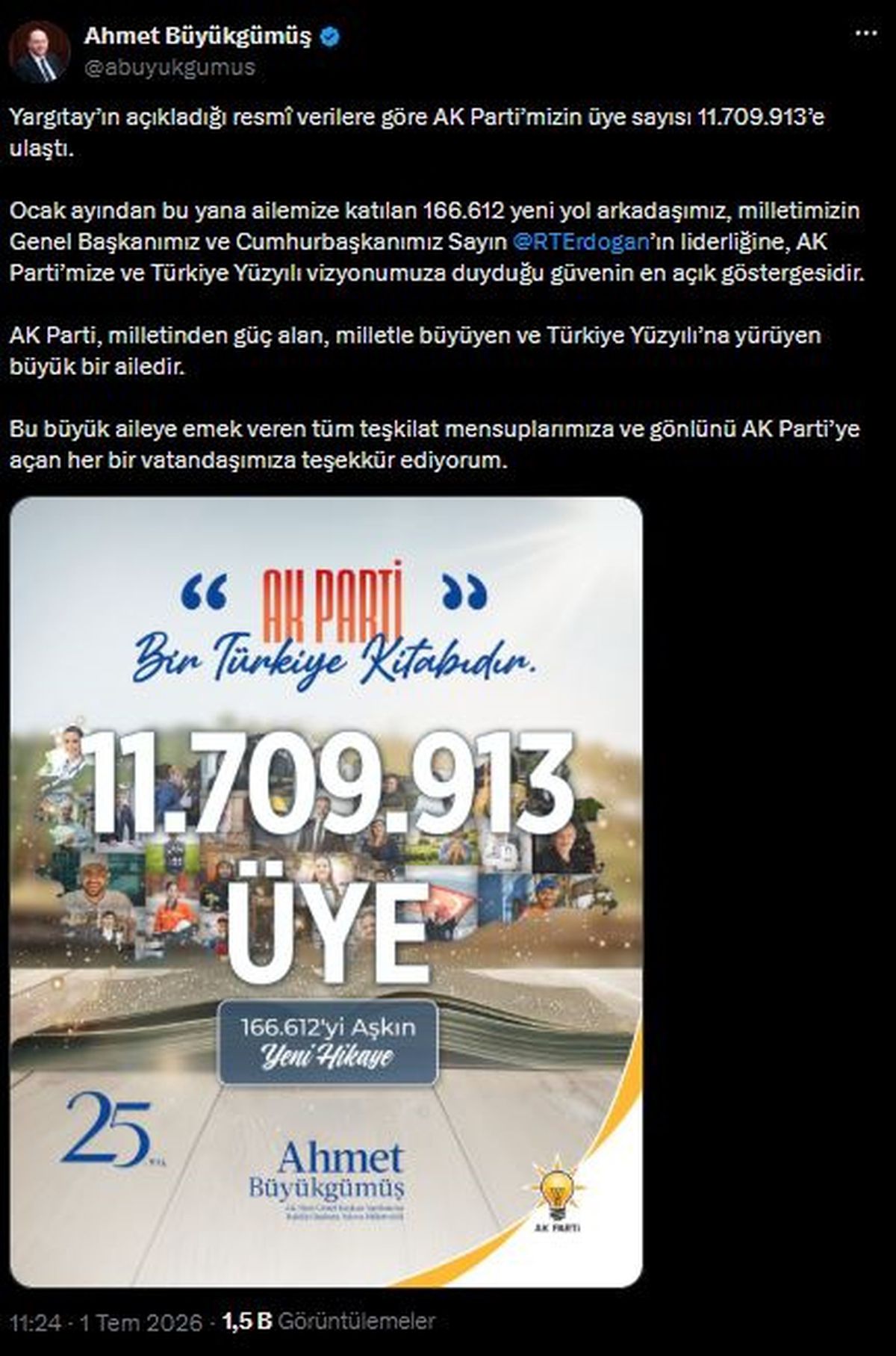 AK Parti üye sayısı 11 milyon 709 bin 913'e ulaştı
