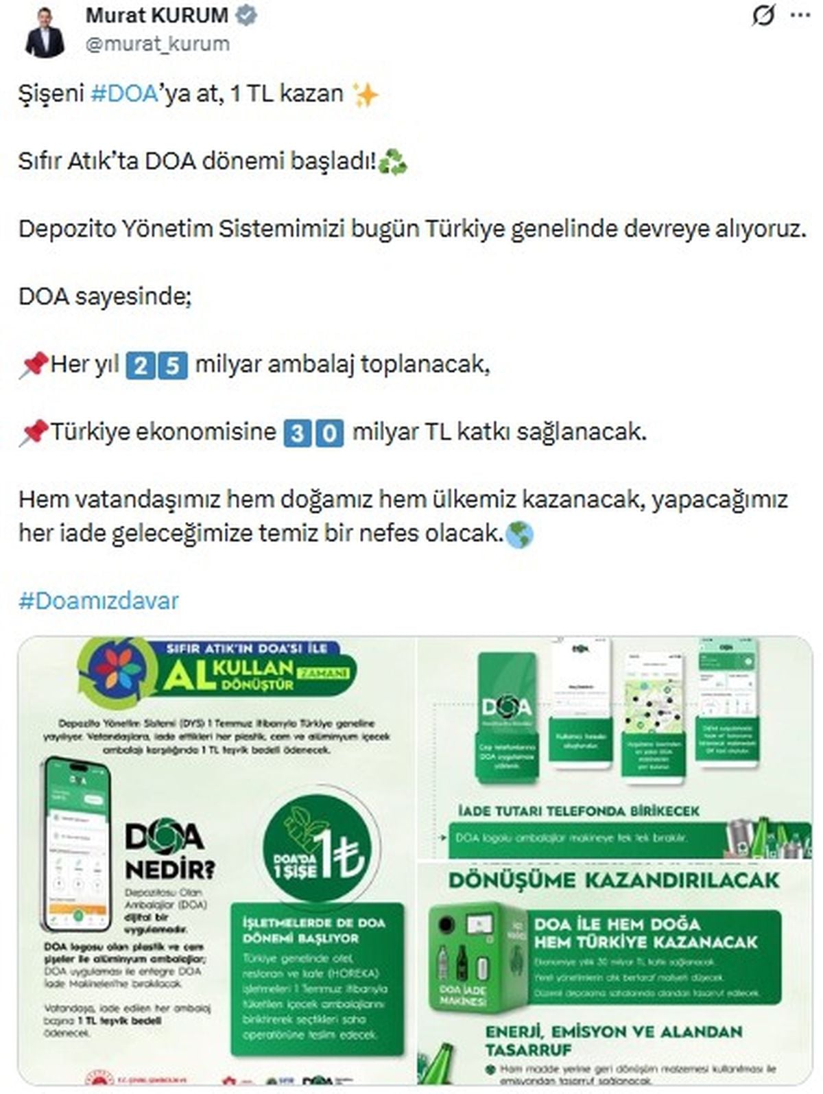 Bakan Kurum: Şişeni DOA'ya at, 1 TL kazan
