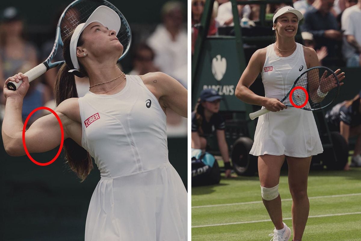 Milli tenisçi Zeynep Sönmez'in Wimbledon'da raketinde Filistin'i simgeleyen karpuz detayı ve güçlü bicepsleri.