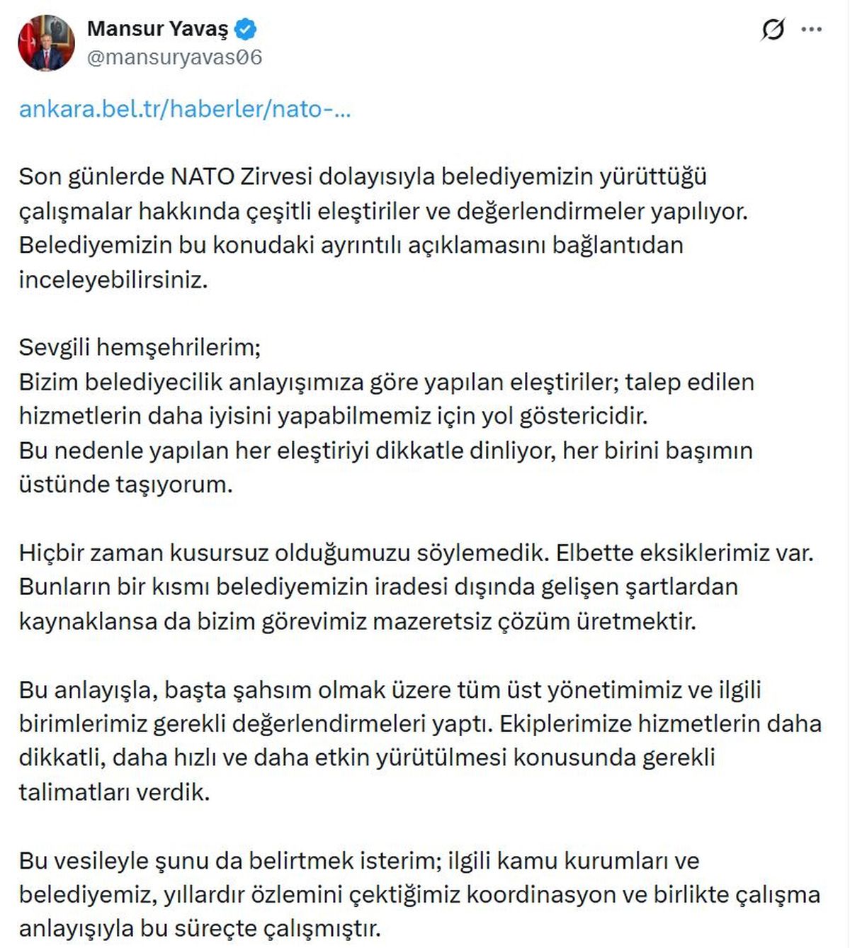 Mansur Yavaş: NATO Zirvesi sürecinde yıllardır özlenen koordinasyon sağlandı
