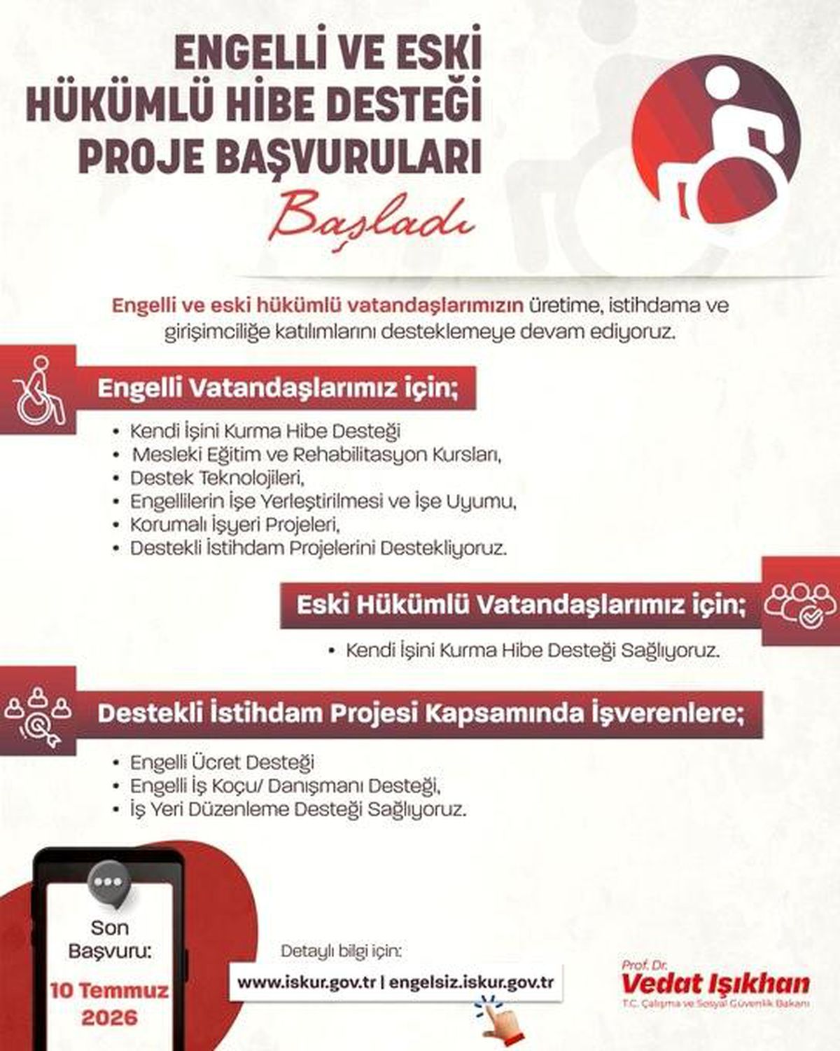 Bakan Işıkhan: 'Engelli ve Eski Hükümlü Hibe Desteği'nin 2026 yılı 4. dönem başvurularını başlatıyoruz'