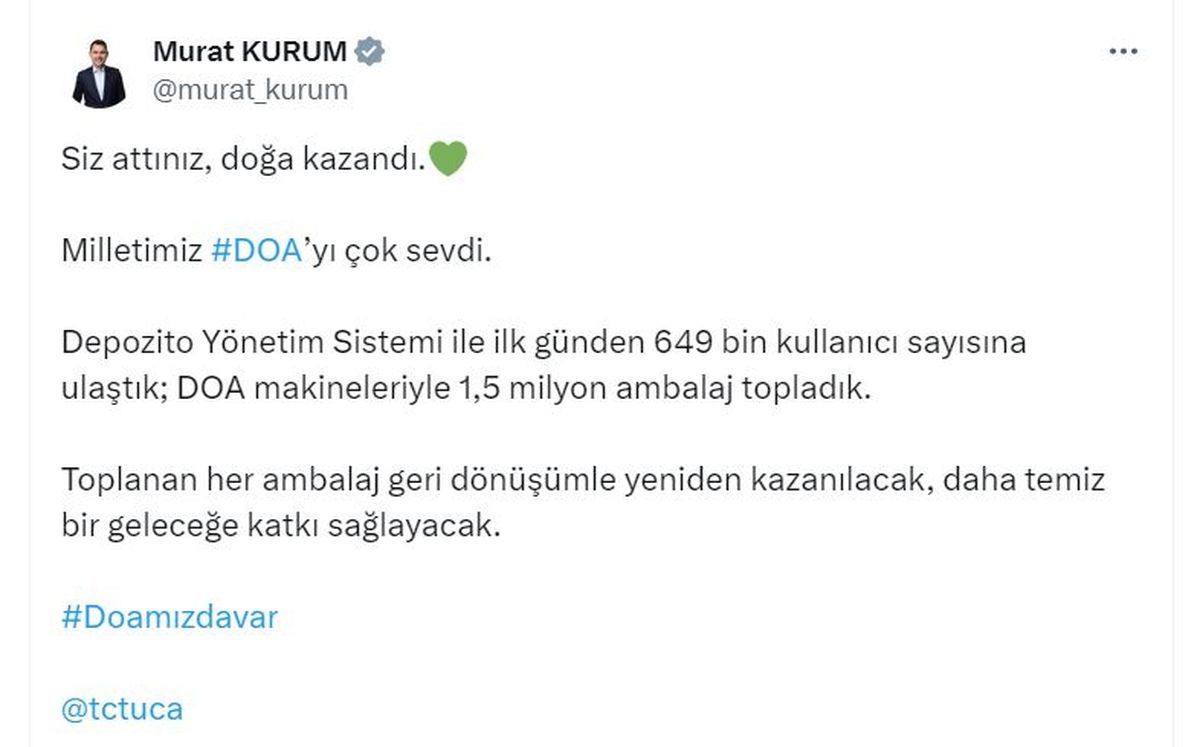DOA sisteminde ilk gün 1,5 milyon ambalaj toplandı