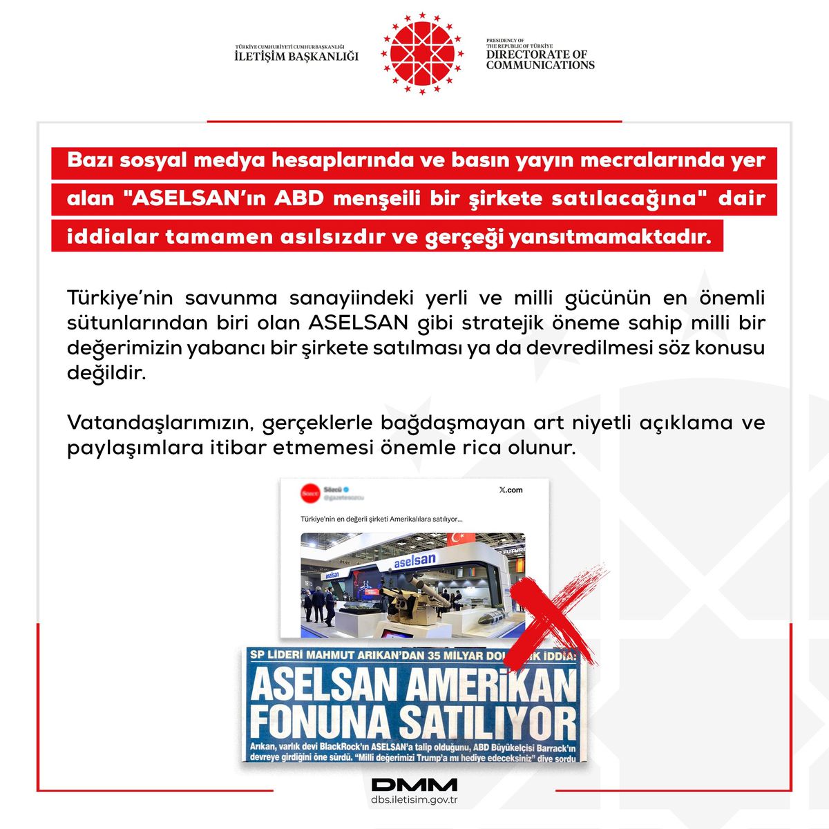 DMM: ASELSAN'ın ABD menşeili şirkete satılacağı iddiası asılsızdır