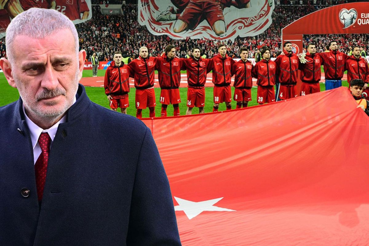 TFF Başkanı İbrahim Hacıosmanoğlu ve milli futbolcuların yer aldığı bir görsel.