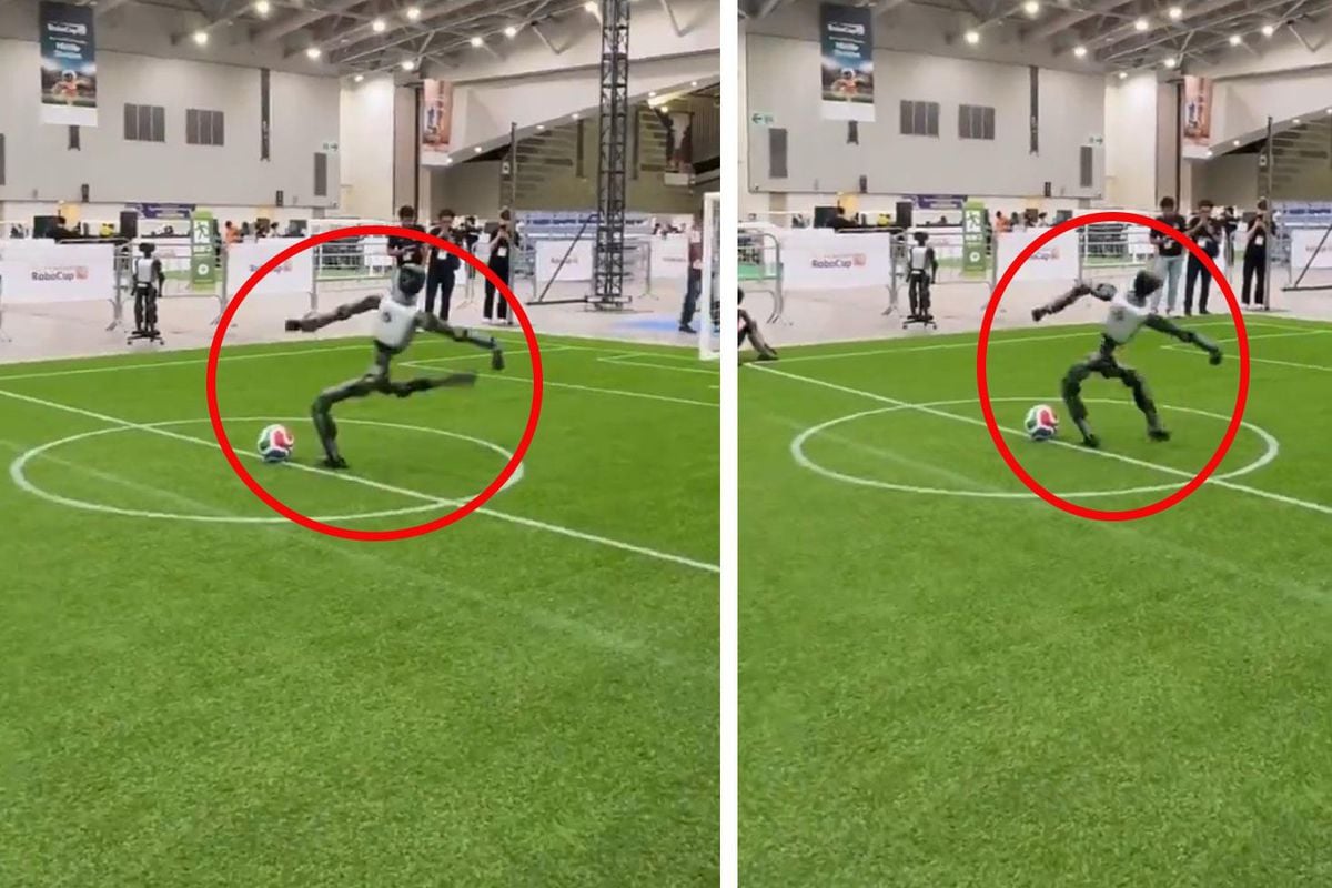 Şut çekmek isteyen robot kendisini sakatladı