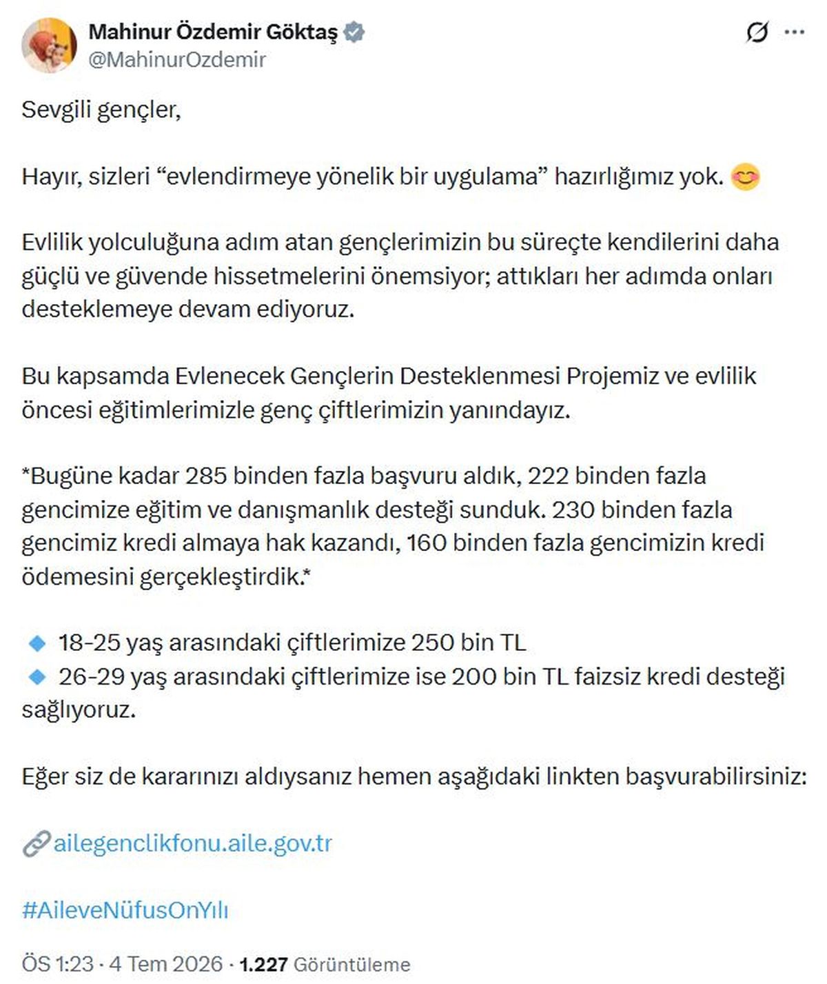Aile ve Sosyal Hizmetler Bakanı Mahinur Özdemir Göktaş, evlilik kredisi ödemeleri hakkında bilgi veriyor.
