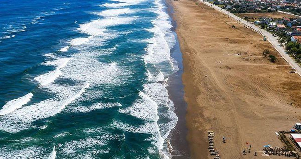 Plajda denize girmeyi düşünen insanlar ve uyarı levhaları