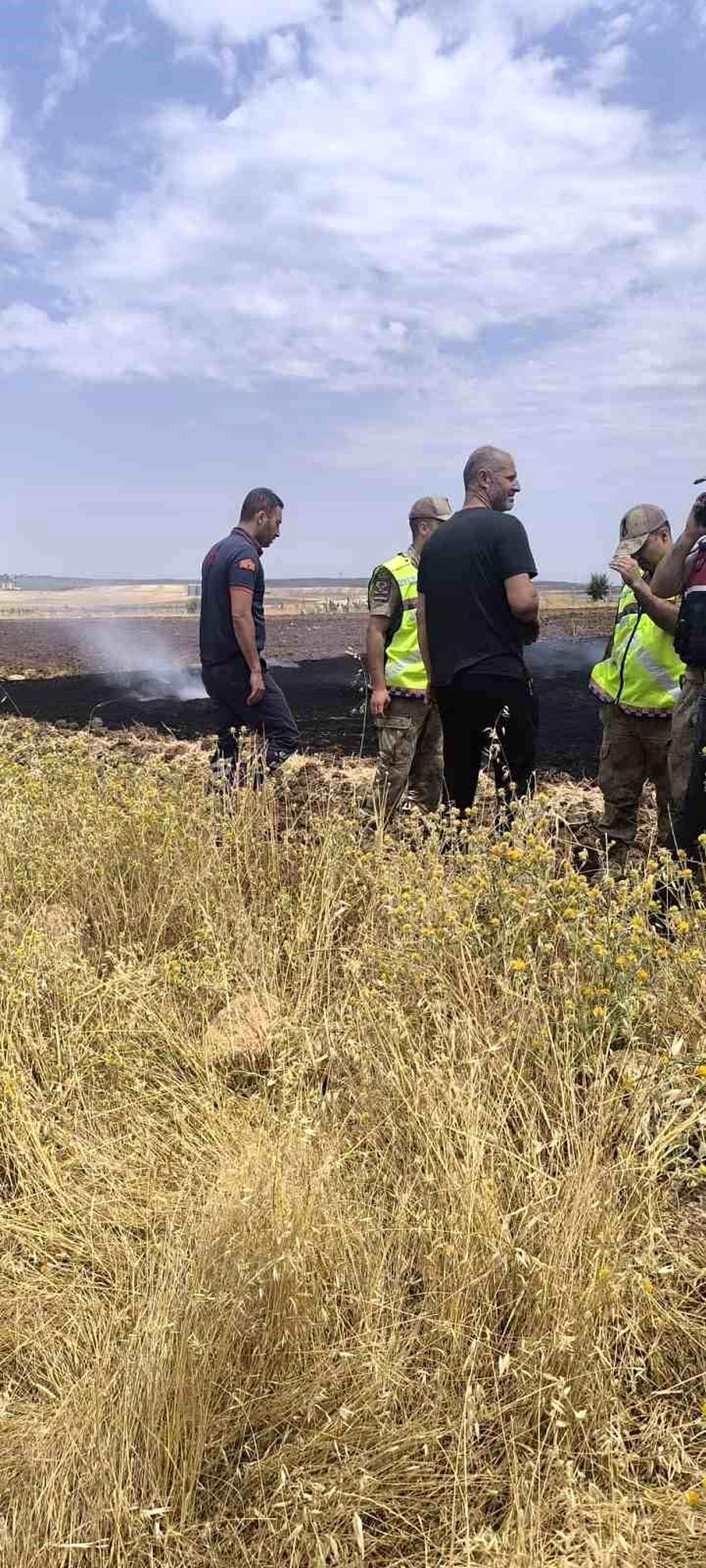Siirt'in Kurtalan ilçesinde çıkan anız yangınına müdahale eden itfaiye ekipleri.