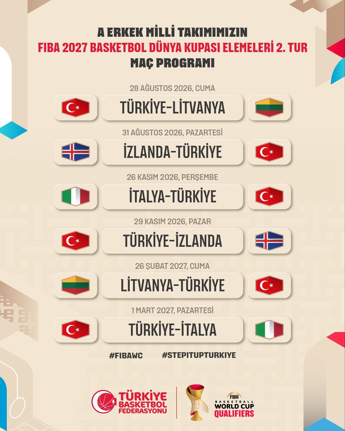12 Dev Adam'ın FIBA 2027 Dünya Kupası Elemeleri 2'nci tur maç programı belli oldu