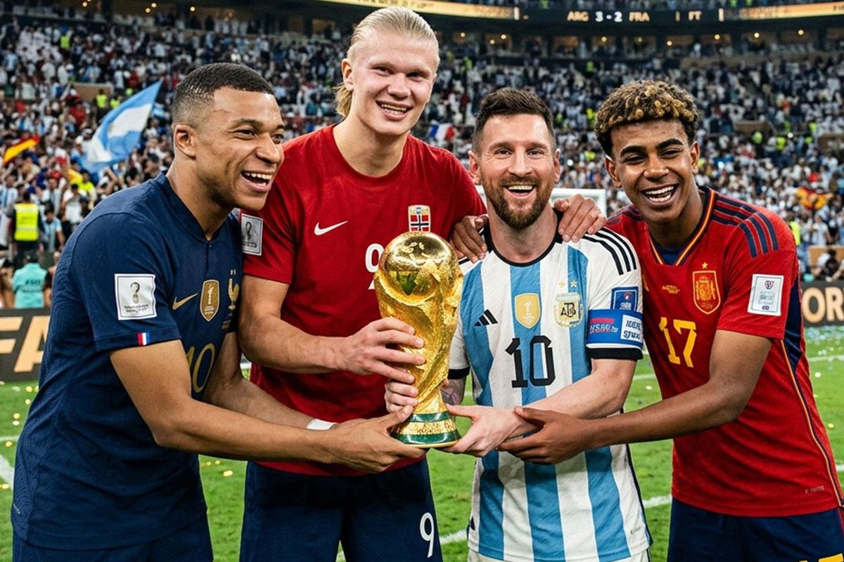 FIFA Dünya Kupası logosu ve mücadele eden futbolcuların genel bir görüntüsü.
