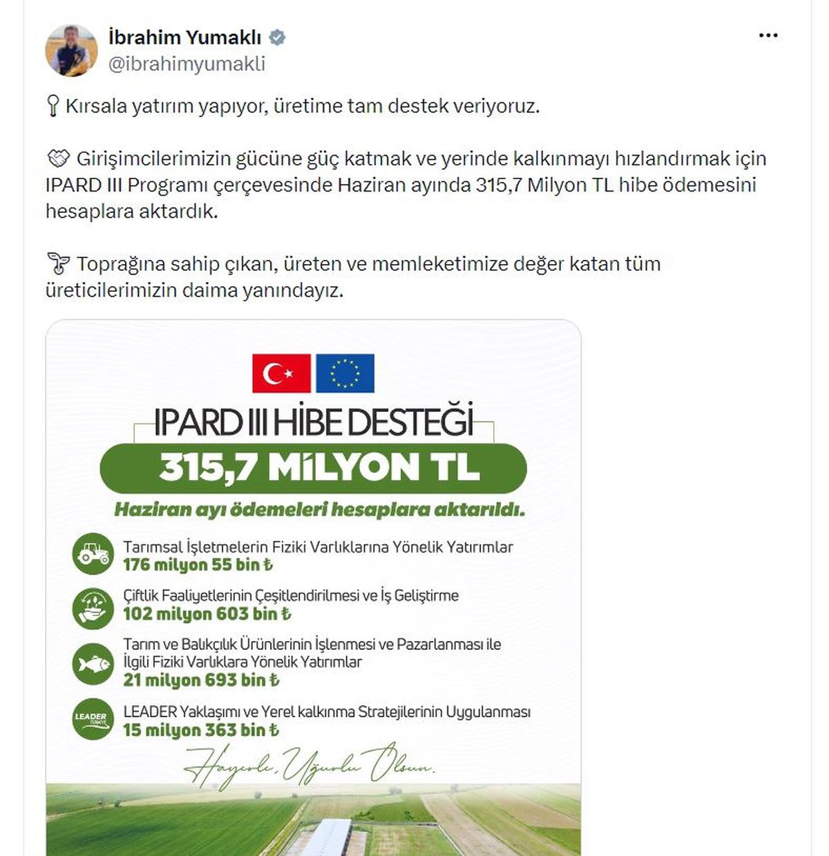 Bakan Yumaklı: Haziranda 315,7 milyon TL hibe ödemesi yaptık