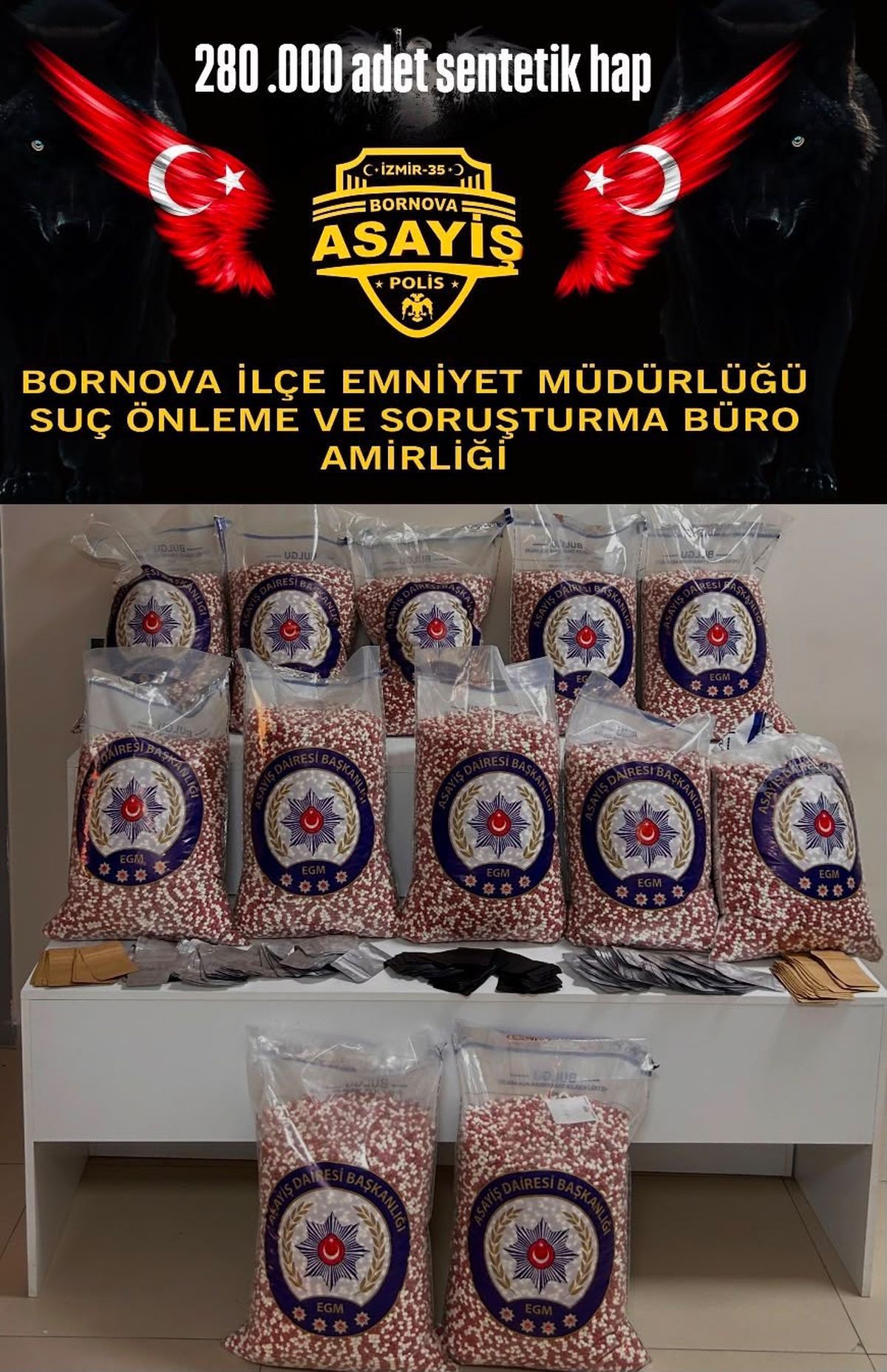 İzmir Bornova'da polis operasyonunda ele geçirilen sentetik ecza maddeleri.