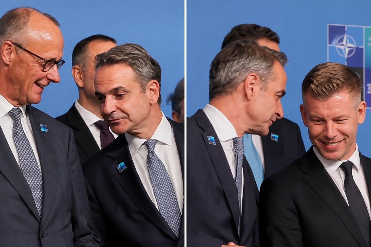 Yunanistan Başbakanı Kiriakos Miçotakis'in NATO Zirvesi'nde diğer liderleri koklarken çekilmiş fotoğrafı.
