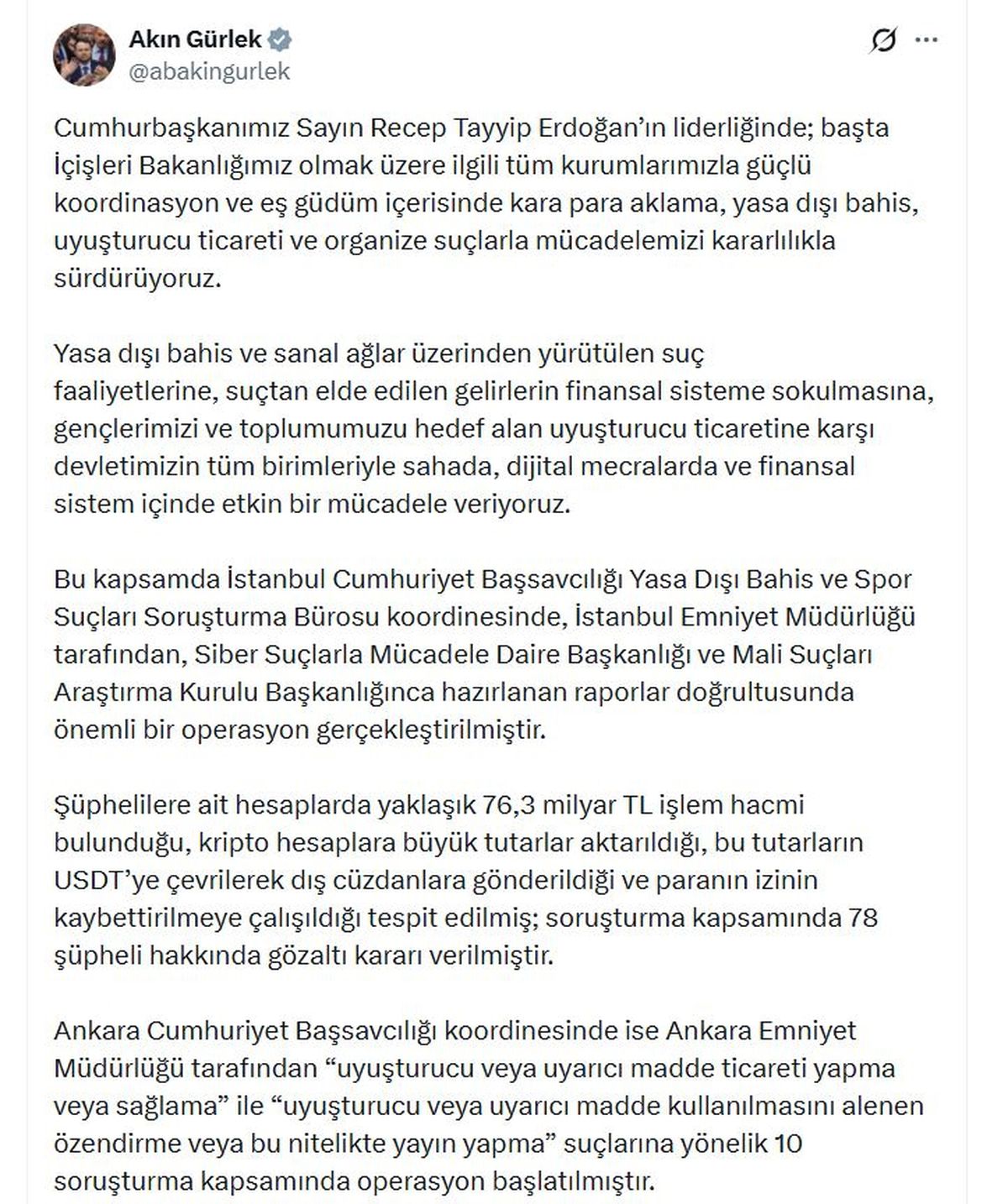 Adalet Bakanı Gürlek: Yasa dışı bahis ve uyuşturucuyla mücadelede 76 milyar TL'lik operasyon