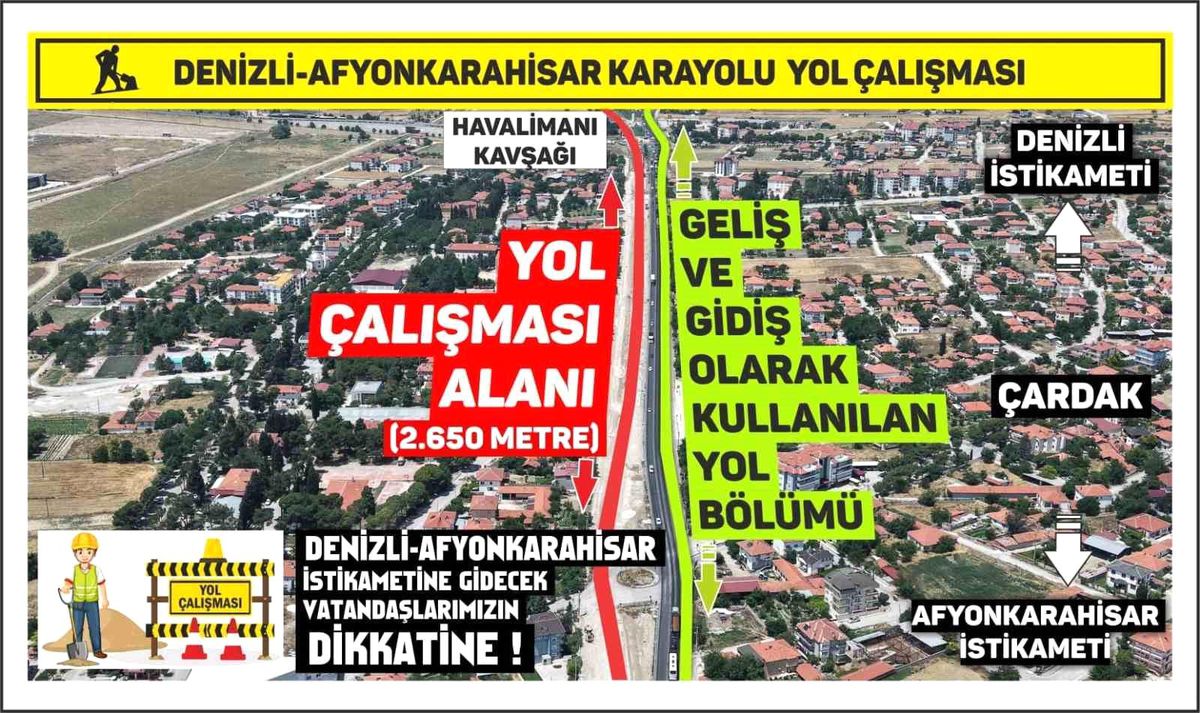 Denizli-Afyonkarahisar karayolunda yol yapım çalışması nedeniyle oluşan trafik kuyruğu.