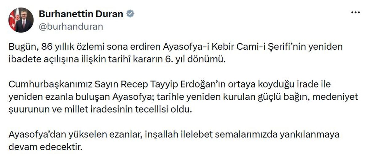 İletişim Başkanı Duran: Ayasofya'dan yükselen ezanlar ilelebet yankılansın