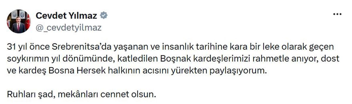 Cevdet Yılmaz, Srebrenitsa Soykırımı'nda hayatını kaybedenleri andı