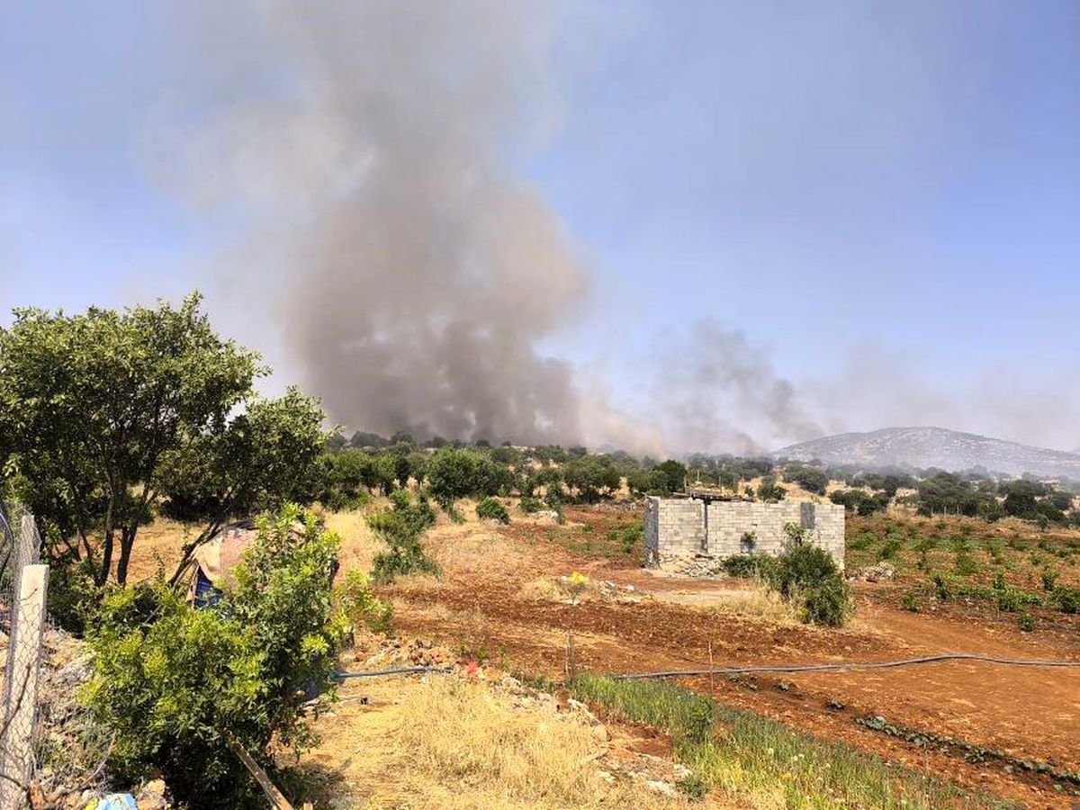 Diyarbakır'ın Dicle ilçesinde çıkan örtü yangınını söndürme çalışmaları.