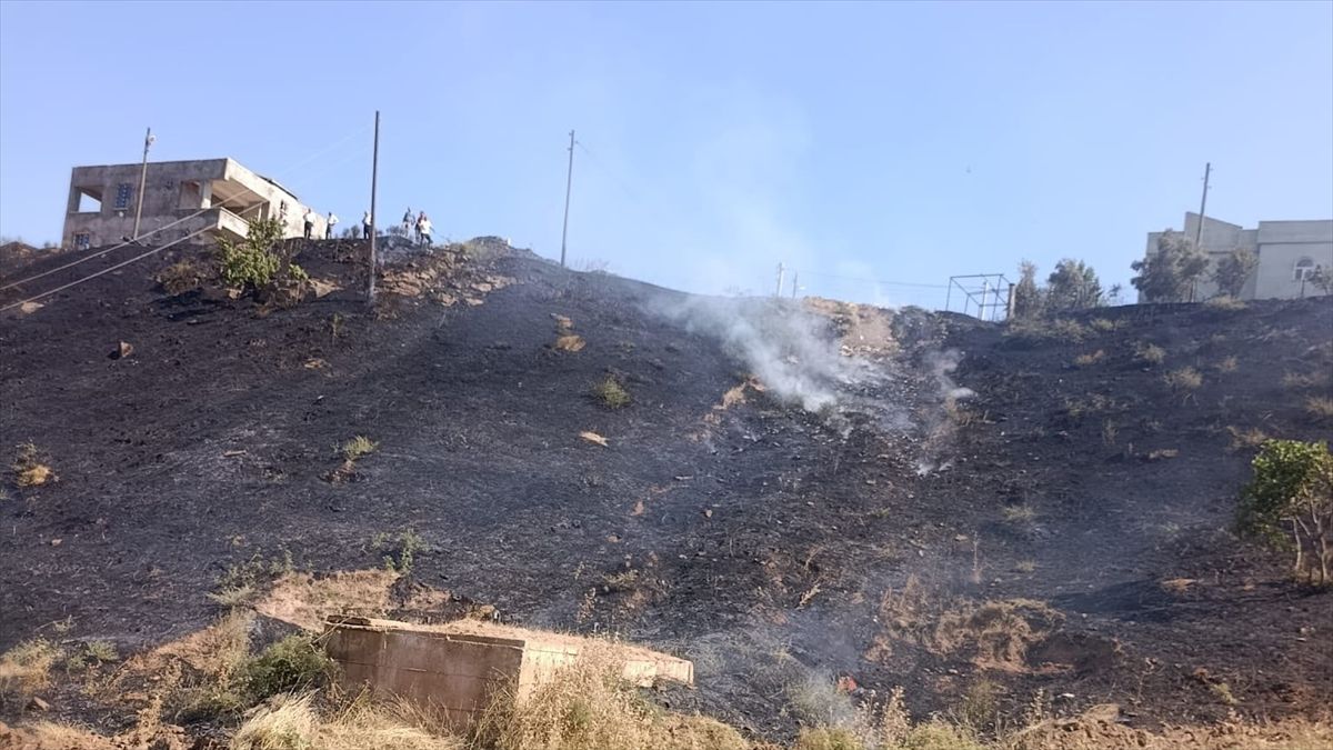 Siirt'in Kurtalan ilçesi Kılıçlı köyünde çıkan otluk yangınına müdahale eden itfaiye ekipleri.