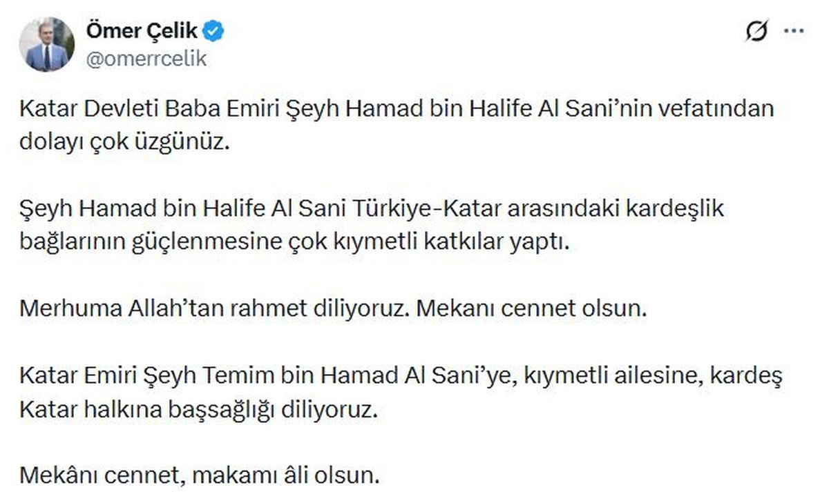 AK Parti Sözcüsü Ömer Çelik'in taziye mesajı yayımladığına dair görsel.