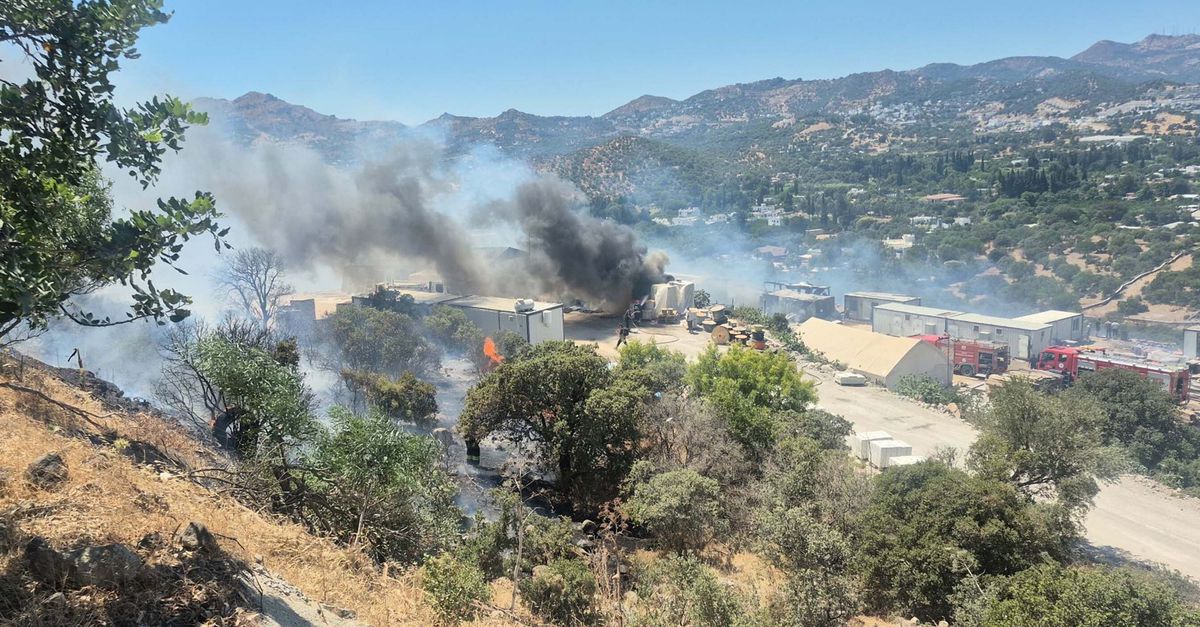 Bodrum'da şantiye konteynerinde çıkan yangın makilik alana sıçradı.