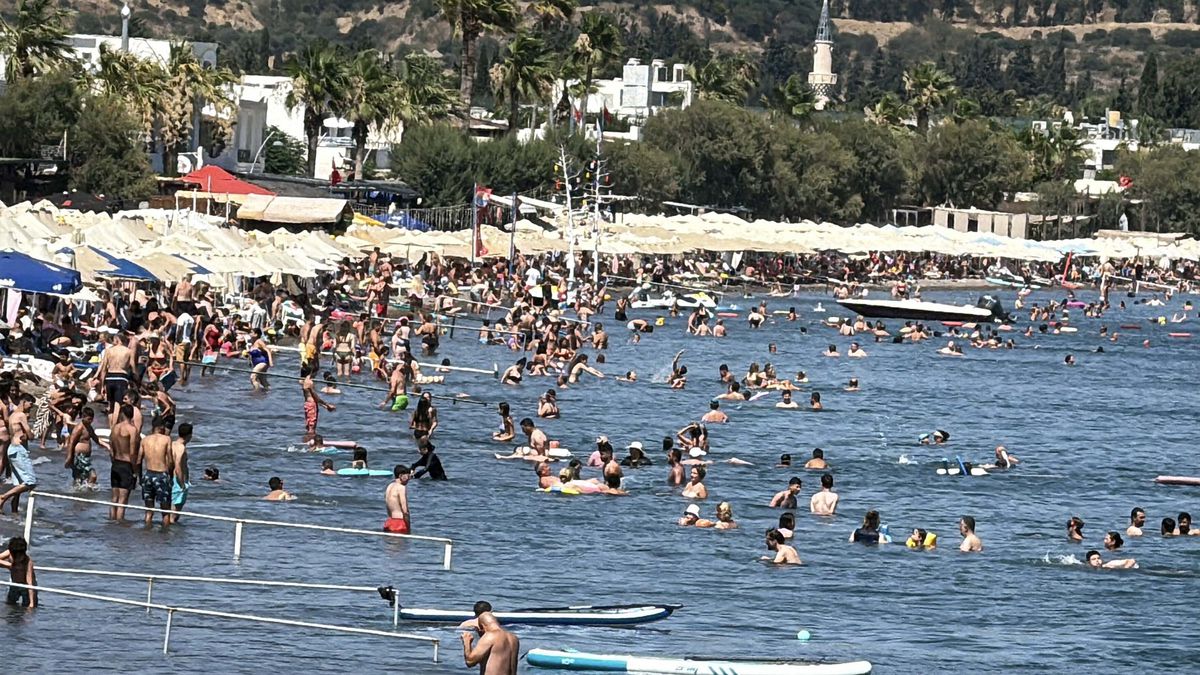Bodrum'da sahilde güneşlenen ve denize giren tatilciler