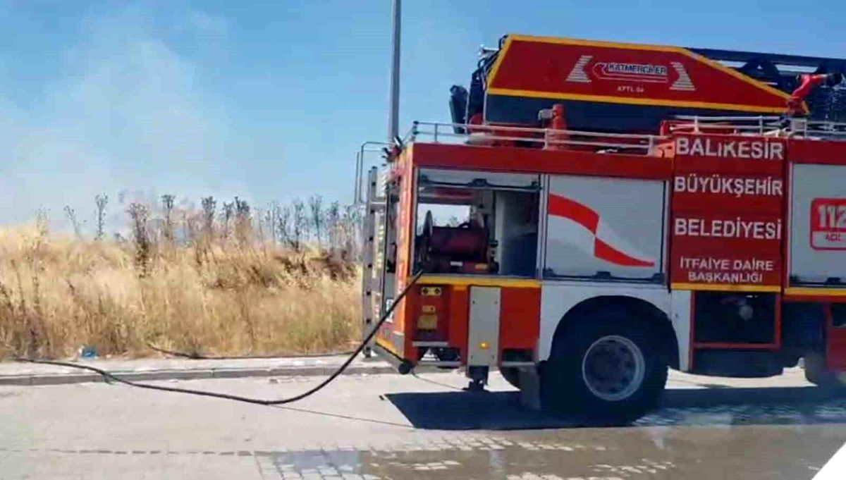 Balıkesir Susurluk'ta otluk alanda çıkan yangın sonrası itfaiye ekiplerinin söndürme çalışması.