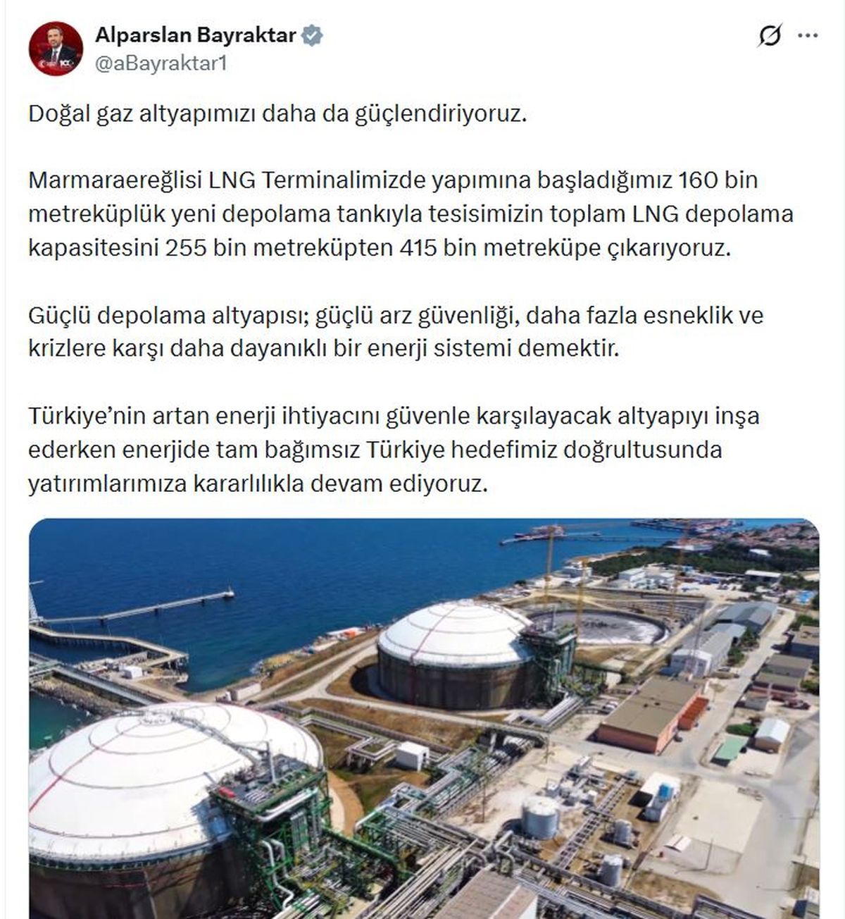 Bakan Bayraktar: Marmaraereğlisi'nde LNG depolama kapasitesini 415 bin metreküpe çıkarıyoruz