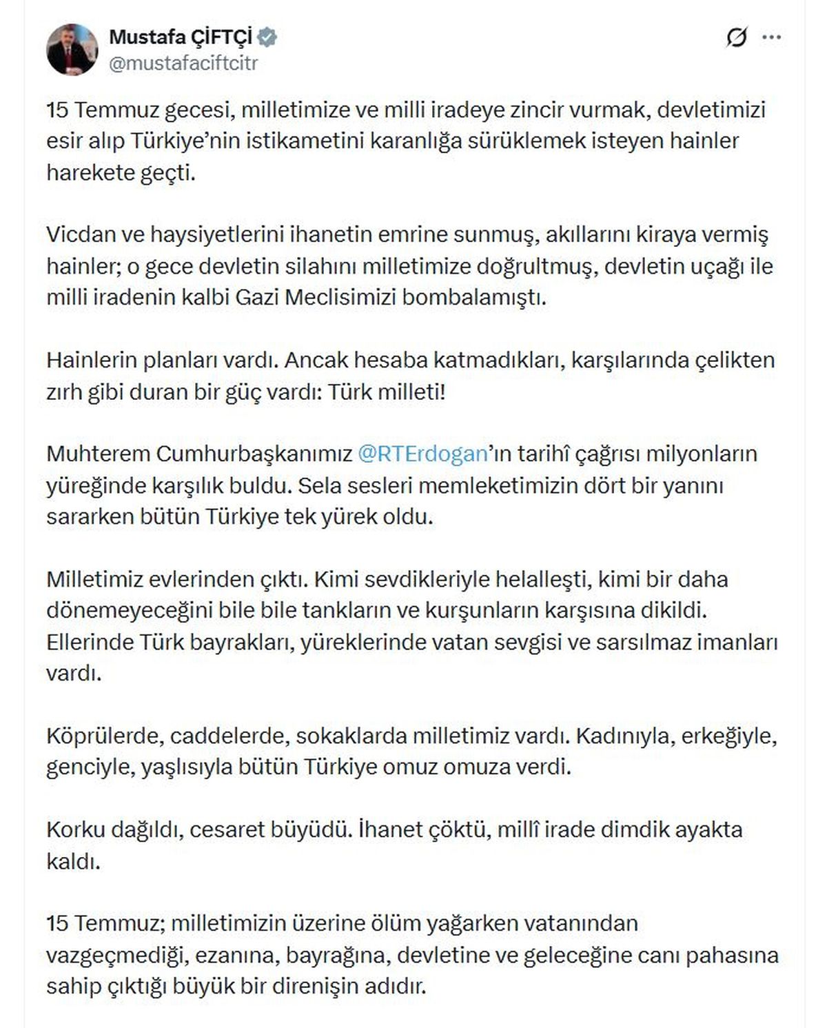 Bakan Çiftçi'den 15 Temmuz Mesajı: 'İrade Bizim, Zafer Bizim'