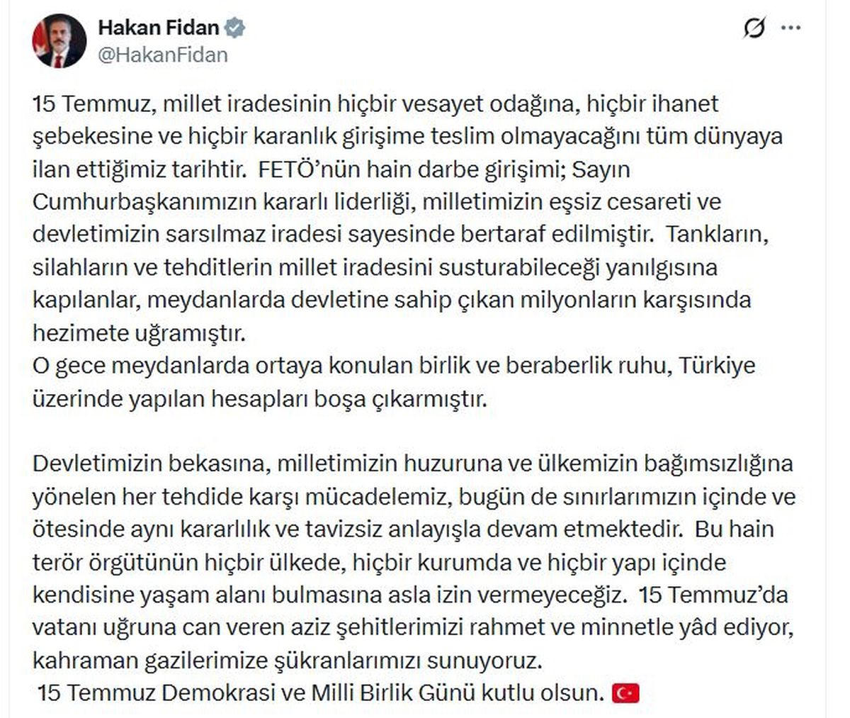 Fidan: 15 Temmuz, millet iradesinin teslim olmadığı tarihtir