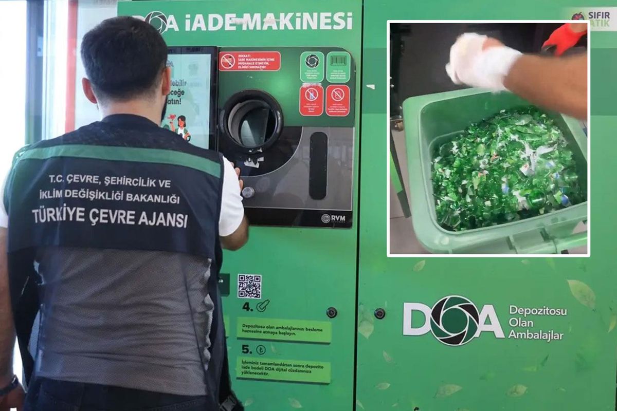Depozito iade makinesinin içindeki akıllı sistemin ambalajları ayrıştırdığı anı gösteren görüntü.