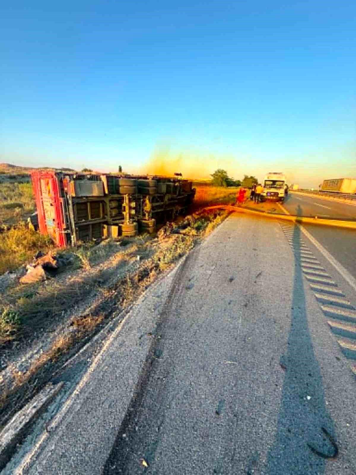 Konya'nın Karapınar ilçesinde devrilen kamyon