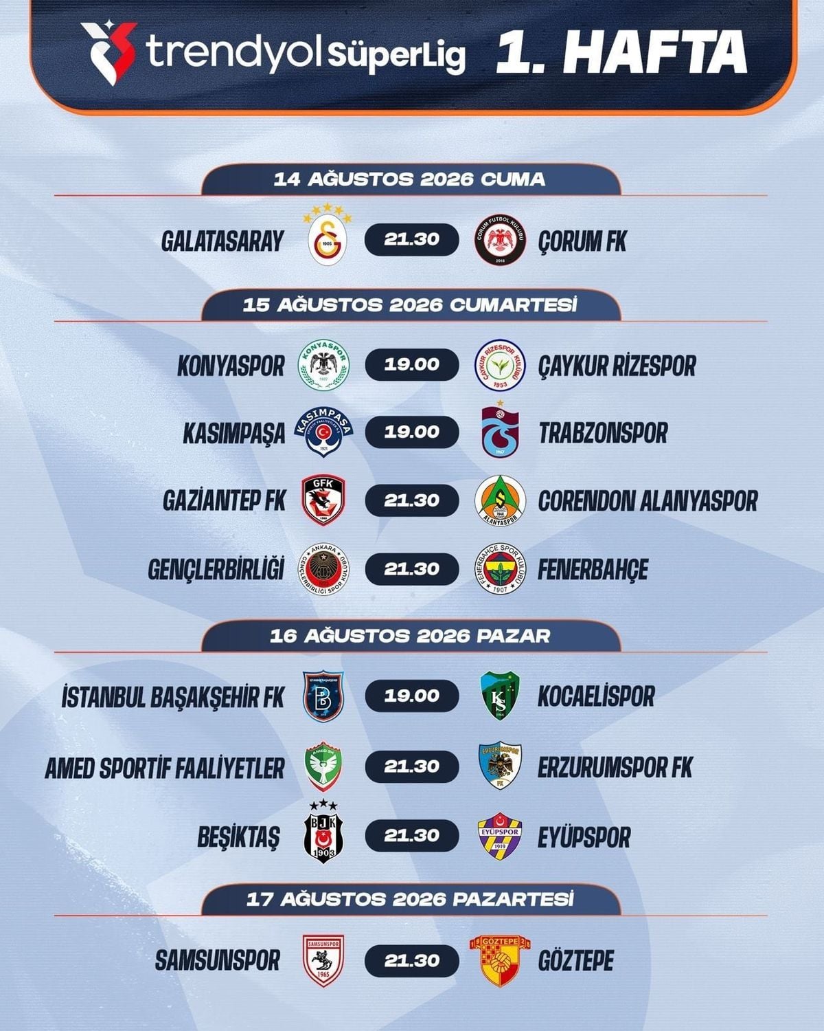 Süper Lig 2025-2026 Sezonu Fikstürü Açıklandı: Galatasaray-Çorum FK ile Start Veriyor