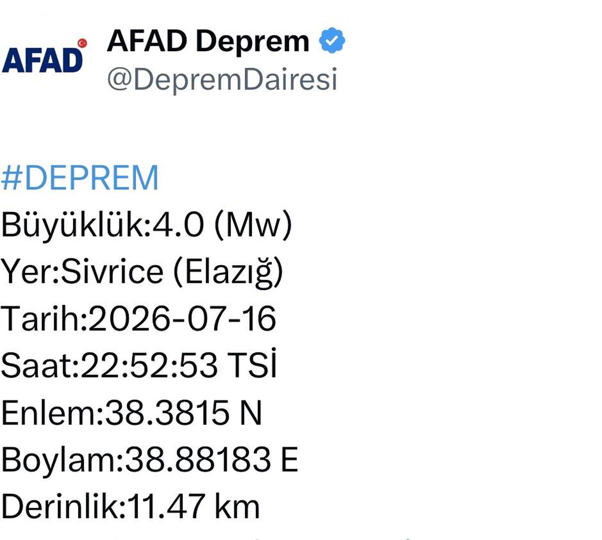 Elazığ'da 4.0 büyüklüğünde deprem