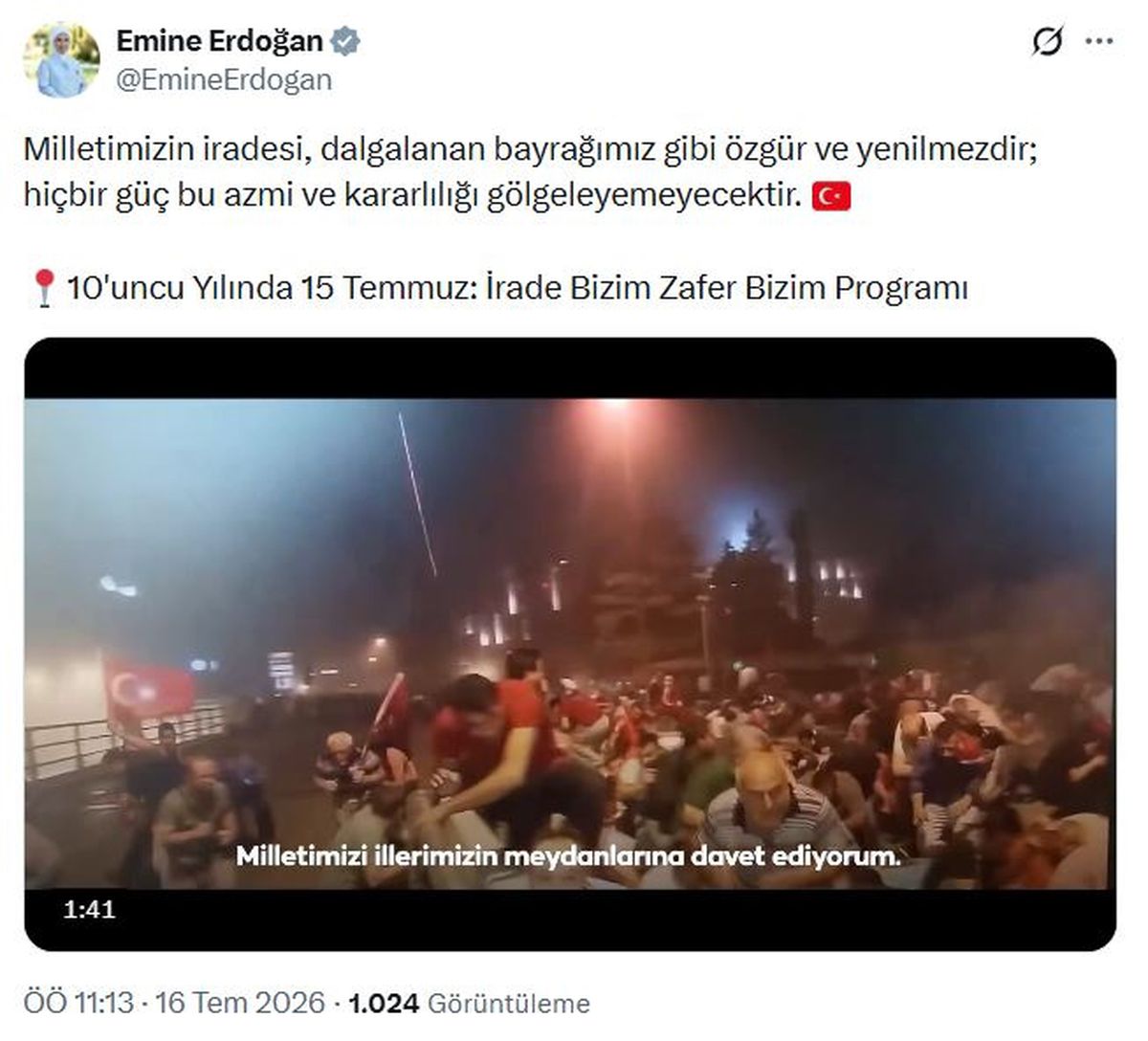 Emine Erdoğan'dan 15 Temmuz Programına Anlamlı Paylaşım