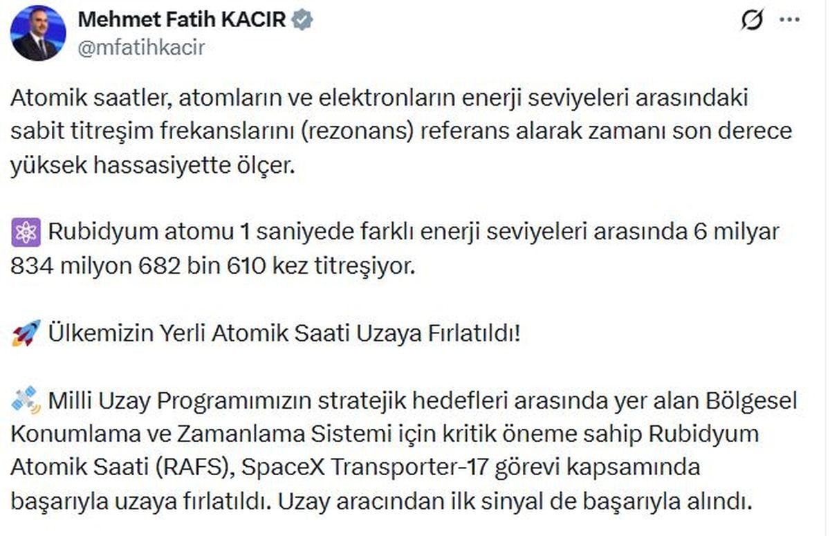 Bakan Kacır: Ülkemizin yerli atomik saati uzaya fırlatıldı