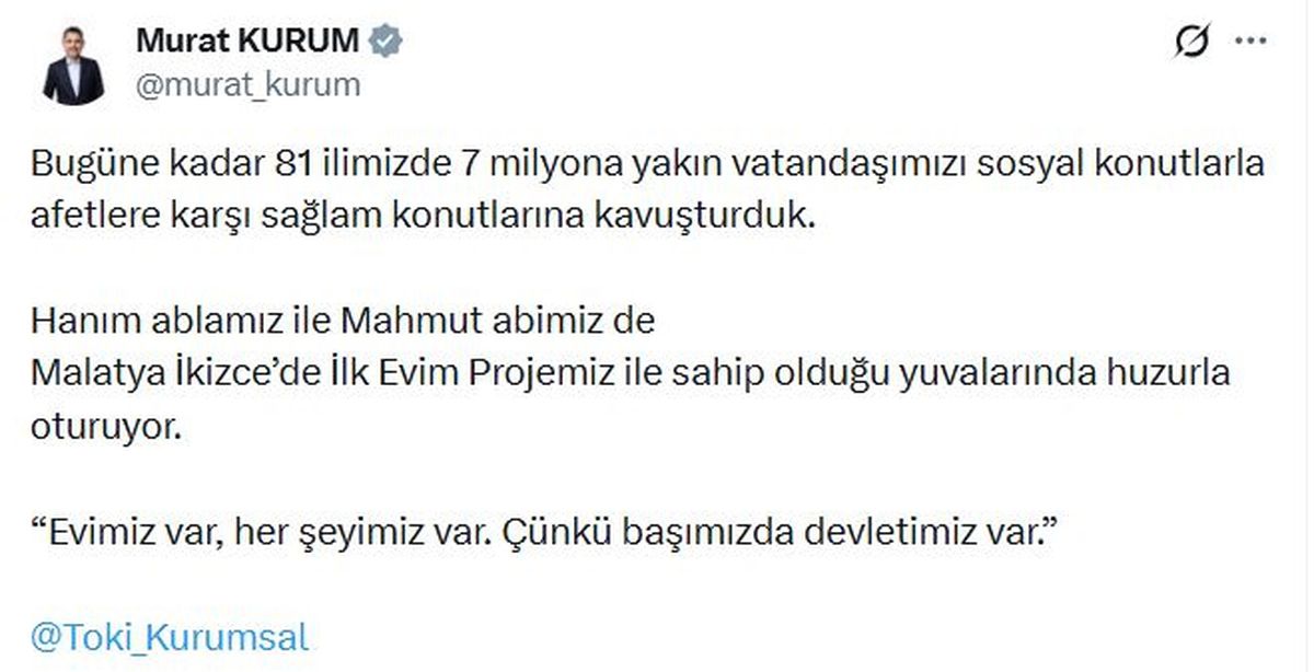 Çevre, Şehircilik ve İklim Değişikliği Bakanı Murat Kurum'un sosyal konutlarla ilgili açıklaması.