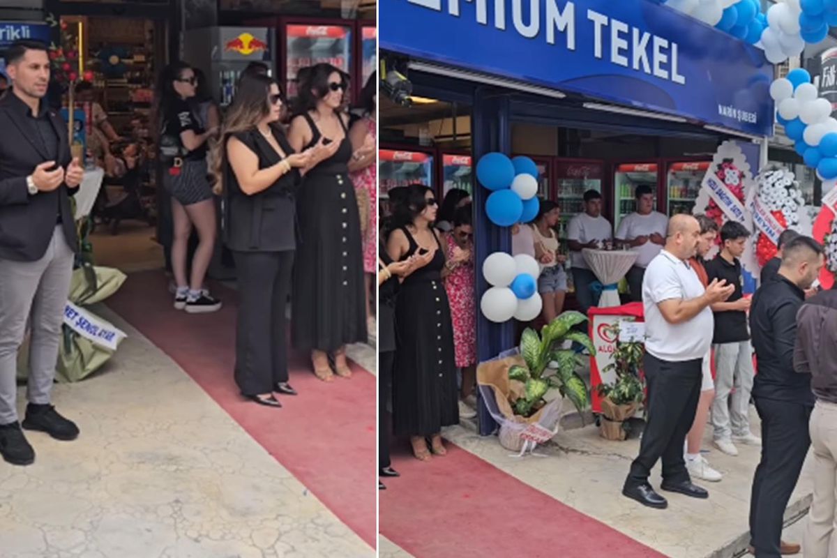Tekirdağ'da bir tekel bayisi açılışında dua eden cami imamı.