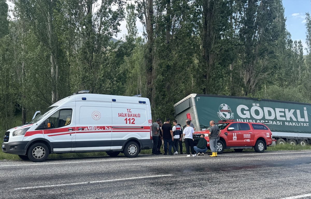 Erzurum-Oltu kara yolunda ağaçlara çarpan TIR'ın kaza yaptığı alan.