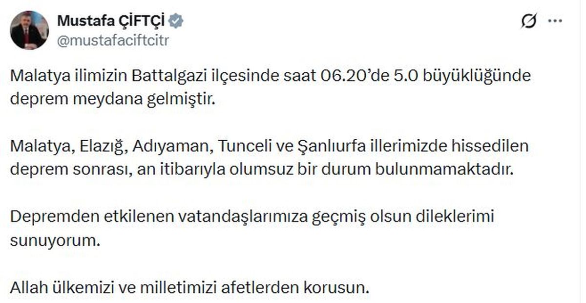 Malatya'da 5.0 büyüklüğünde deprem meydana geldiği ve İçişleri Bakanı Mustafa Çiftçi'nin bölgede olumsuz bir durum olmadığını açıkladığı haberi.